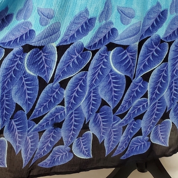 VINTAGE Aqua Blue Tropical Palm Leaf Flutter Sleeve Belted Pocket Dress Mumu - Picture 15 of 15